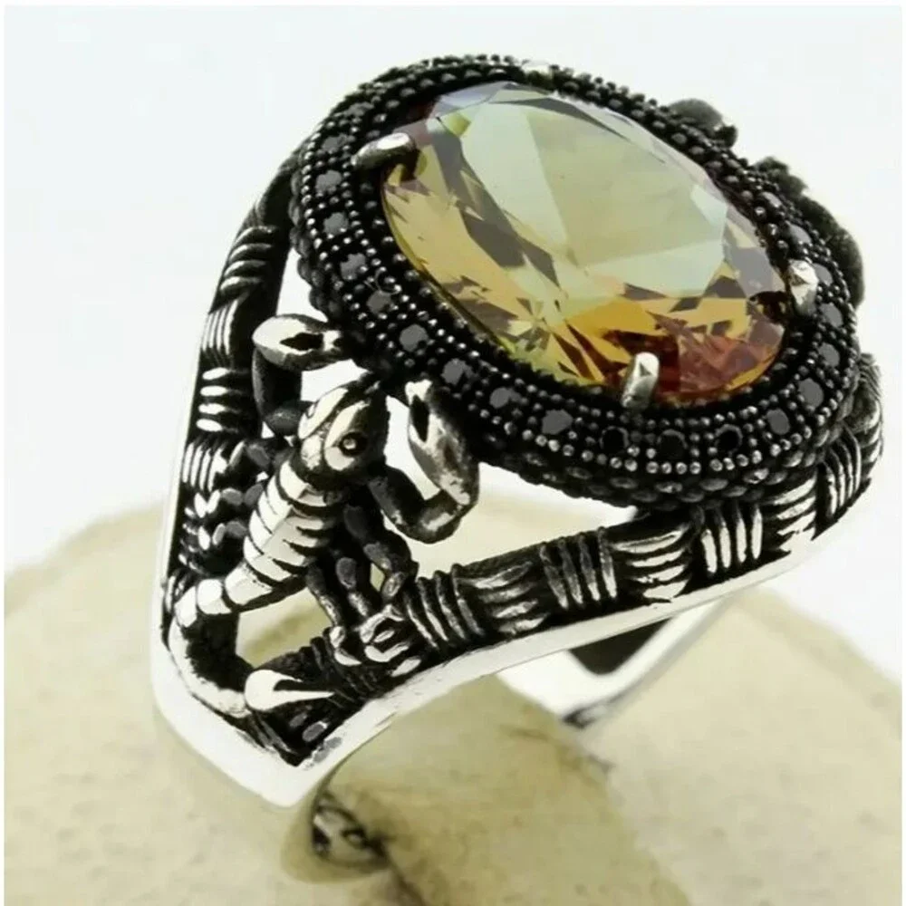 Mens Silver Scorpion Ring Large Yellow Stone Citrine Size 11
